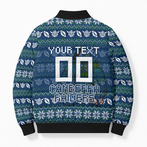 Personalized Canberra Raiders Christmas Bomber Puffer Jacket Australian Rugby Fans - Pixelated Ugly Xmas Pattern Mascot Santa