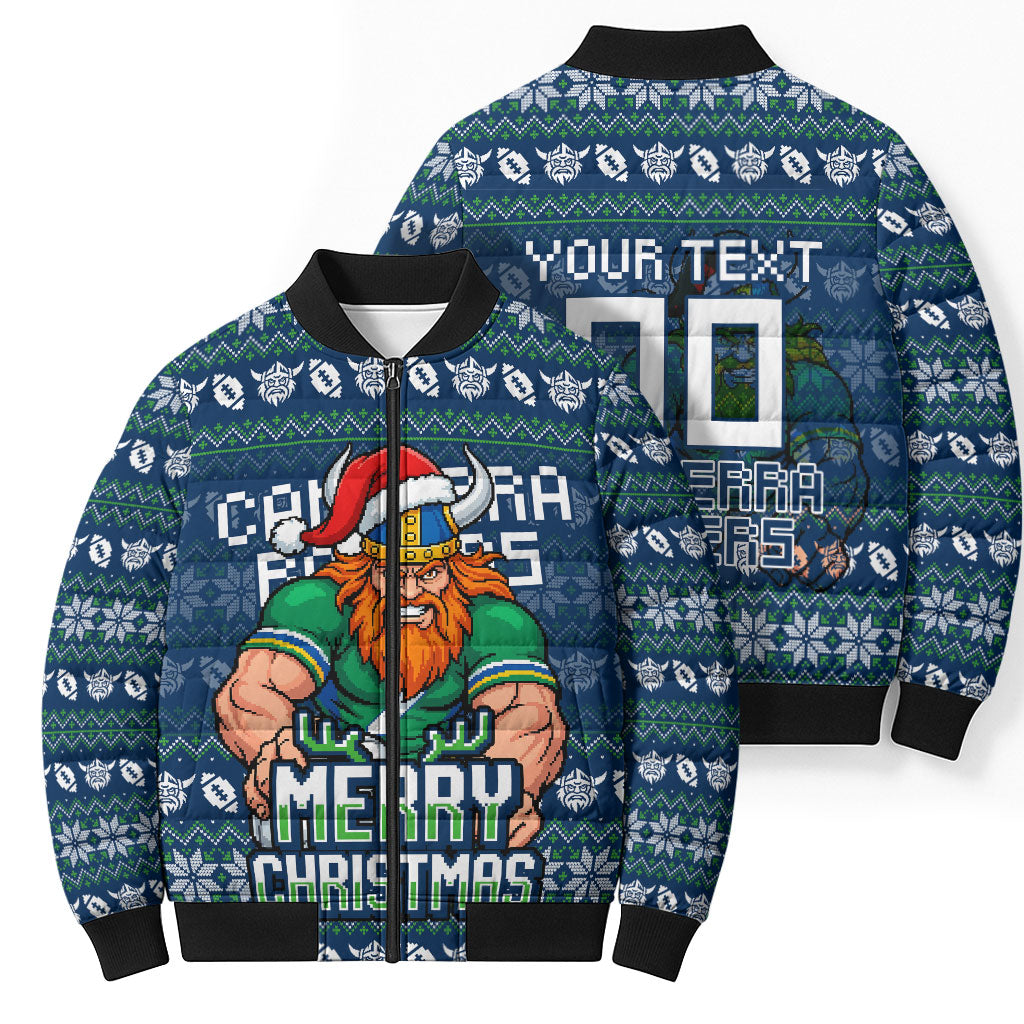 Personalized Canberra Raiders Christmas Bomber Puffer Jacket Australian Rugby Fans - Pixelated Ugly Xmas Pattern Mascot Santa