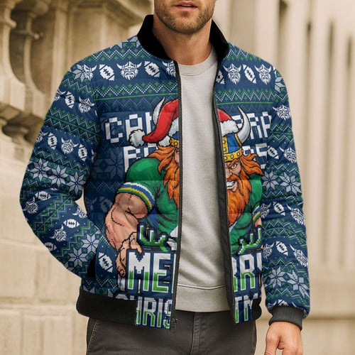 Personalized Canberra Raiders Christmas Bomber Puffer Jacket Australian Rugby Fans - Pixelated Ugly Xmas Pattern Mascot Santa