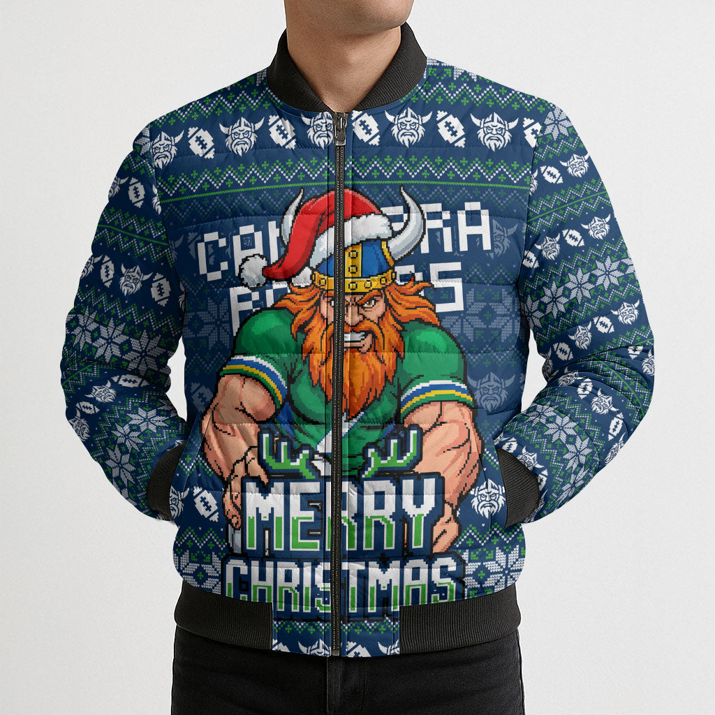 Personalized Canberra Raiders Christmas Bomber Puffer Jacket Australian Rugby Fans - Pixelated Ugly Xmas Pattern Mascot Santa