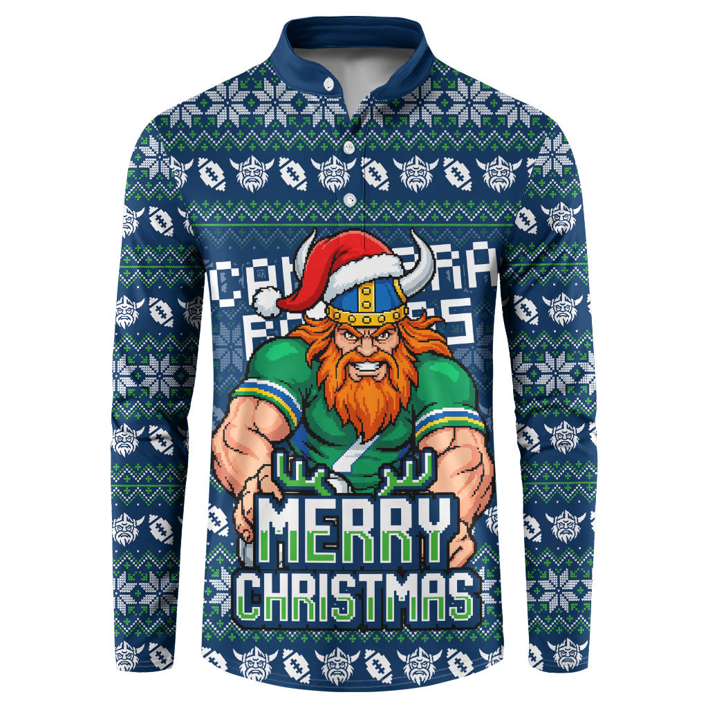 Personalized Canberra Raiders Christmas Button Sweatshirt Australian Rugby Fans - Pixelated Ugly Xmas Pattern Mascot Santa