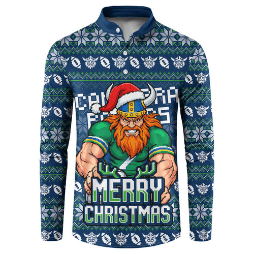 Personalized Canberra Raiders Christmas Button Sweatshirt Australian Rugby Fans - Pixelated Ugly Xmas Pattern Mascot Santa