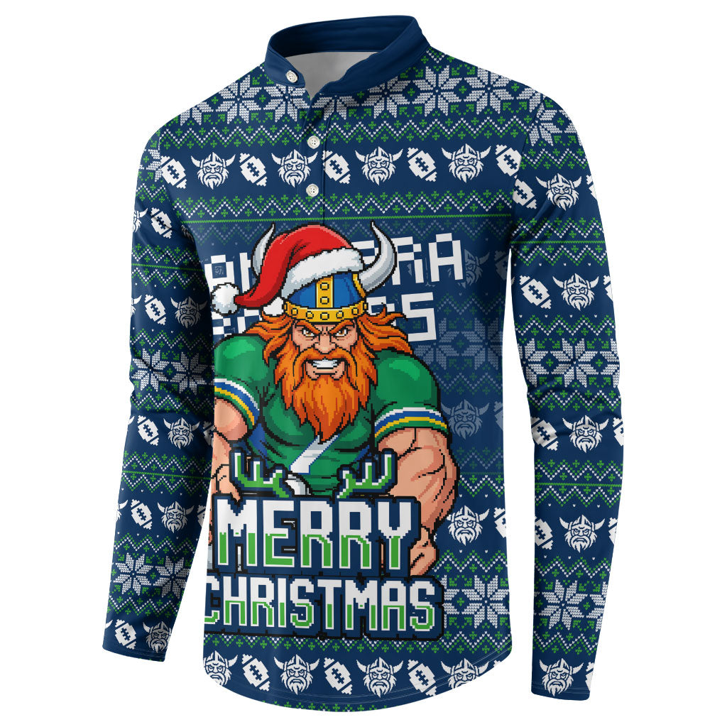 Personalized Canberra Raiders Christmas Button Sweatshirt Australian Rugby Fans - Pixelated Ugly Xmas Pattern Mascot Santa