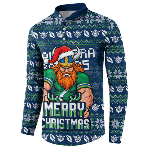Personalized Canberra Raiders Christmas Button Sweatshirt Australian Rugby Fans - Pixelated Ugly Xmas Pattern Mascot Santa