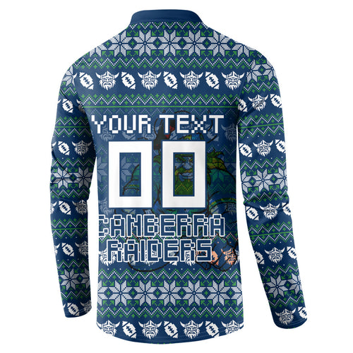 Personalized Canberra Raiders Christmas Button Sweatshirt Australian Rugby Fans - Pixelated Ugly Xmas Pattern Mascot Santa