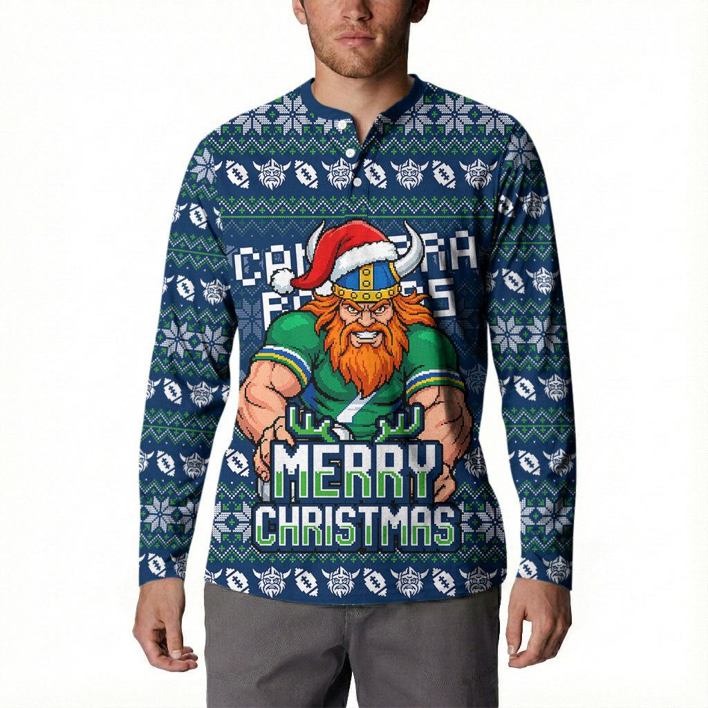 Personalized Canberra Raiders Christmas Button Sweatshirt Australian Rugby Fans - Pixelated Ugly Xmas Pattern Mascot Santa