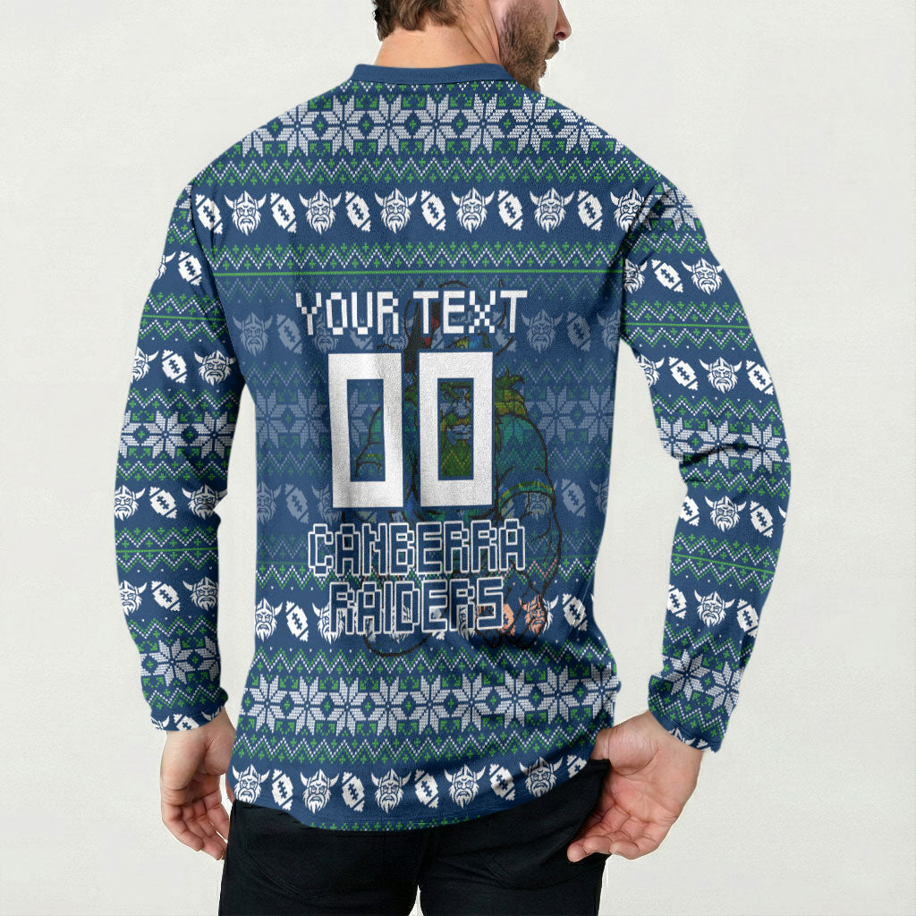 Personalized Canberra Raiders Christmas Button Sweatshirt Australian Rugby Fans - Pixelated Ugly Xmas Pattern Mascot Santa