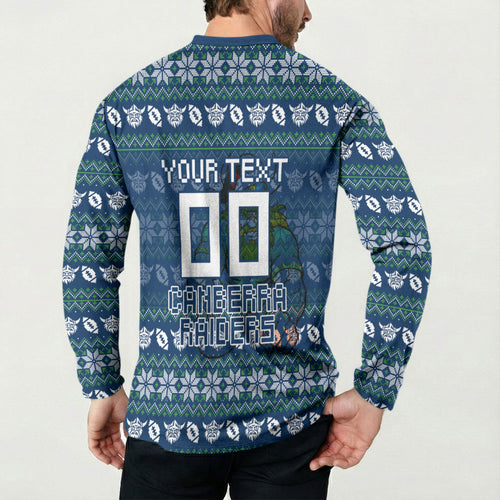 Personalized Canberra Raiders Christmas Button Sweatshirt Australian Rugby Fans - Pixelated Ugly Xmas Pattern Mascot Santa