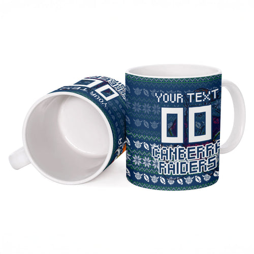 Personalized Canberra Raiders Christmas Ceramic Mug Australian Rugby Fans - Pixelated Ugly Xmas Pattern Mascot Santa