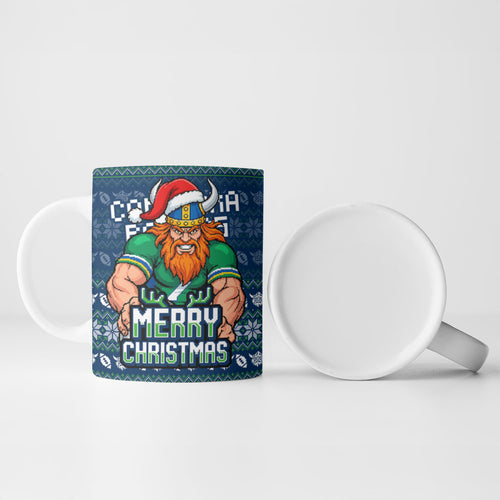 Personalized Canberra Raiders Christmas Ceramic Mug Australian Rugby Fans - Pixelated Ugly Xmas Pattern Mascot Santa