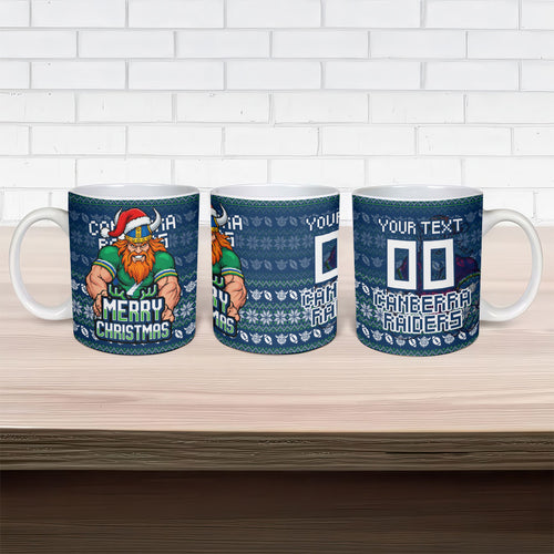 Personalized Canberra Raiders Christmas Ceramic Mug Australian Rugby Fans - Pixelated Ugly Xmas Pattern Mascot Santa