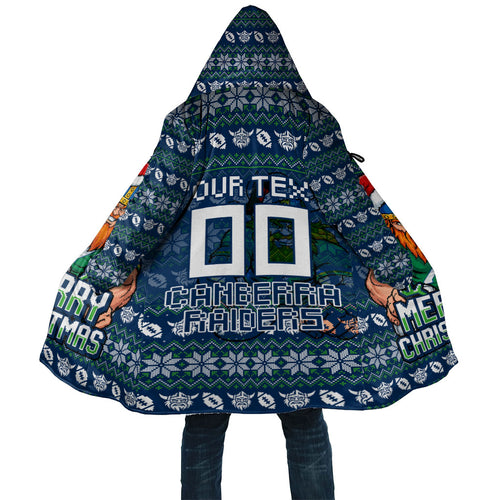 Personalized Canberra Raiders Christmas Cloak Australian Rugby Fans - Pixelated Ugly Xmas Pattern Mascot Santa