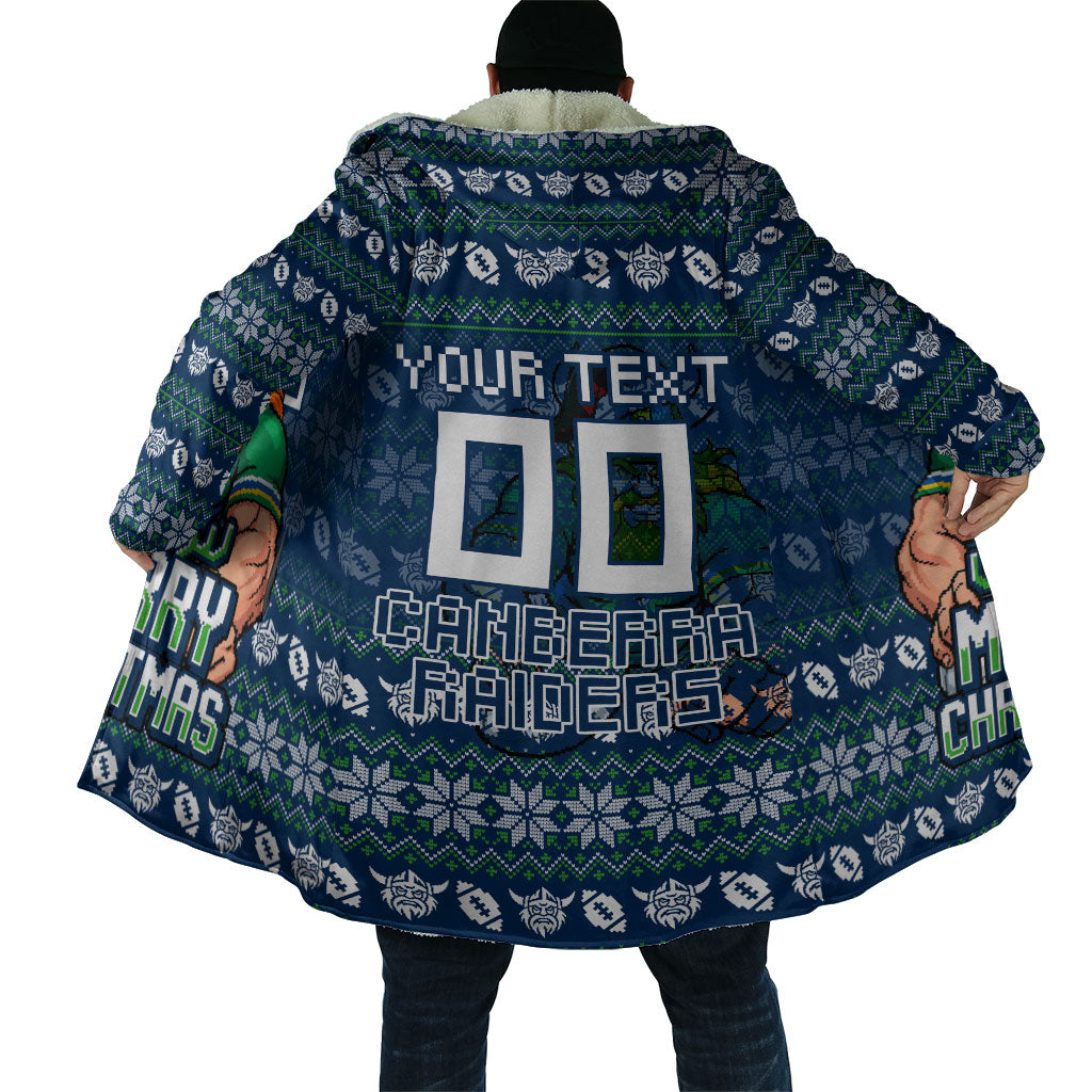 Personalized Canberra Raiders Christmas Cloak Australian Rugby Fans - Pixelated Ugly Xmas Pattern Mascot Santa