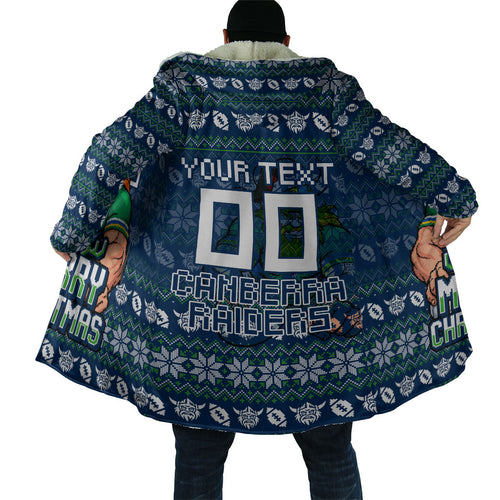Personalized Canberra Raiders Christmas Cloak Australian Rugby Fans - Pixelated Ugly Xmas Pattern Mascot Santa