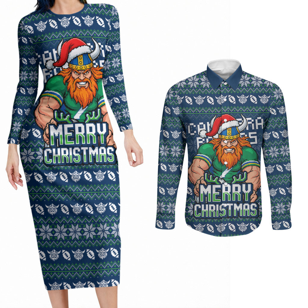 Personalized Canberra Raiders Christmas Couples Matching Long Sleeve Bodycon Dress and Long Sleeve Button Shirt Australian Rugby Fans - Pixelated Ugly Xmas Pattern Mascot Santa