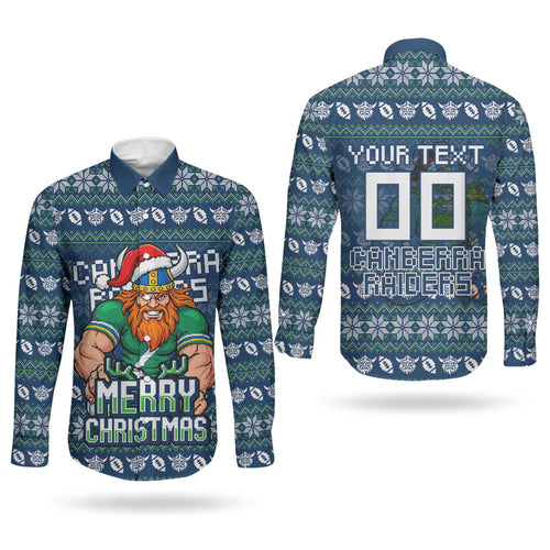Personalized Canberra Raiders Christmas Couples Matching Long Sleeve Bodycon Dress and Long Sleeve Button Shirt Australian Rugby Fans - Pixelated Ugly Xmas Pattern Mascot Santa