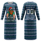 Personalized Canberra Raiders Christmas Couples Matching Long Sleeve Bodycon Dress and Long Sleeve Button Shirt Australian Rugby Fans - Pixelated Ugly Xmas Pattern Mascot Santa