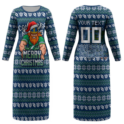 Personalized Canberra Raiders Christmas Couples Matching Long Sleeve Bodycon Dress and Long Sleeve Button Shirt Australian Rugby Fans - Pixelated Ugly Xmas Pattern Mascot Santa