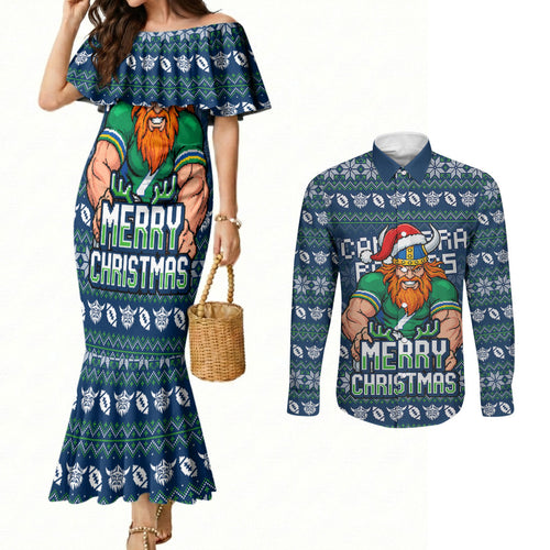 Personalized Canberra Raiders Christmas Couples Matching Mermaid Dress and Long Sleeve Button Shirt Australian Rugby Fans - Pixelated Ugly Xmas Pattern Mascot Santa