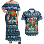 Personalized Canberra Raiders Christmas Couples Matching Off Shoulder Maxi Dress and Hawaiian Shirt Australian Rugby Fans - Pixelated Ugly Xmas Pattern Mascot Santa