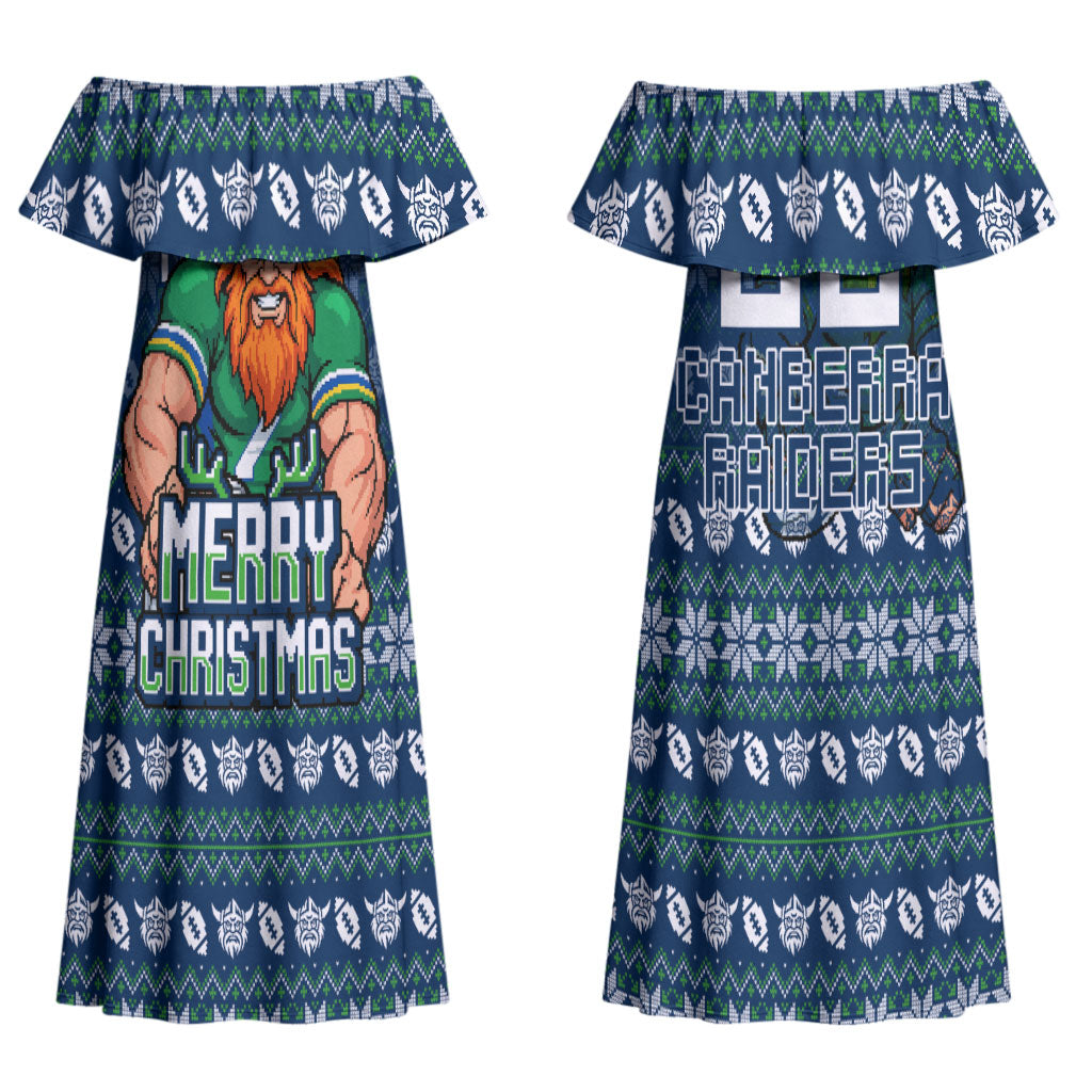 Personalized Canberra Raiders Christmas Couples Matching Off Shoulder Maxi Dress and Hawaiian Shirt Australian Rugby Fans - Pixelated Ugly Xmas Pattern Mascot Santa