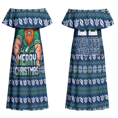 Personalized Canberra Raiders Christmas Couples Matching Off Shoulder Maxi Dress and Hawaiian Shirt Australian Rugby Fans - Pixelated Ugly Xmas Pattern Mascot Santa