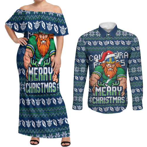 Personalized Canberra Raiders Christmas Couples Matching Off Shoulder Maxi Dress and Long Sleeve Button Shirt Australian Rugby Fans - Pixelated Ugly Xmas Pattern Mascot Santa