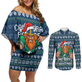 Personalized Canberra Raiders Christmas Couples Matching Off Shoulder Short Dress and Long Sleeve Button Shirt Australian Rugby Fans - Pixelated Ugly Xmas Pattern Mascot Santa