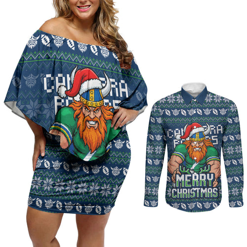 Personalized Canberra Raiders Christmas Couples Matching Off Shoulder Short Dress and Long Sleeve Button Shirt Australian Rugby Fans - Pixelated Ugly Xmas Pattern Mascot Santa