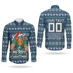 Personalized Canberra Raiders Christmas Couples Matching Off Shoulder Short Dress and Long Sleeve Button Shirt Australian Rugby Fans - Pixelated Ugly Xmas Pattern Mascot Santa