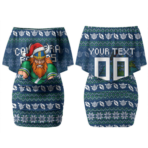 Personalized Canberra Raiders Christmas Couples Matching Off Shoulder Short Dress and Long Sleeve Button Shirt Australian Rugby Fans - Pixelated Ugly Xmas Pattern Mascot Santa