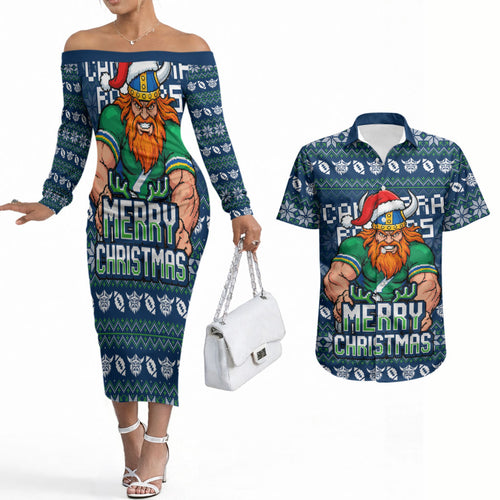 Personalized Canberra Raiders Christmas Couples Matching Off The Shoulder Long Sleeve Dress and Hawaiian Shirt Australian Rugby Fans - Pixelated Ugly Xmas Pattern Mascot Santa