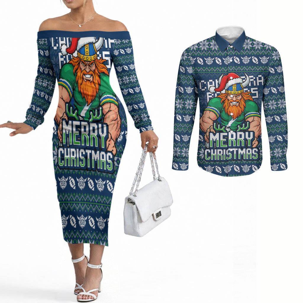 Personalized Canberra Raiders Christmas Couples Matching Off The Shoulder Long Sleeve Dress and Long Sleeve Button Shirt Australian Rugby Fans - Pixelated Ugly Xmas Pattern Mascot Santa