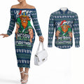Personalized Canberra Raiders Christmas Couples Matching Off The Shoulder Long Sleeve Dress and Long Sleeve Button Shirt Australian Rugby Fans - Pixelated Ugly Xmas Pattern Mascot Santa