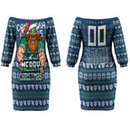 Personalized Canberra Raiders Christmas Couples Matching Off The Shoulder Long Sleeve Dress and Long Sleeve Button Shirt Australian Rugby Fans - Pixelated Ugly Xmas Pattern Mascot Santa