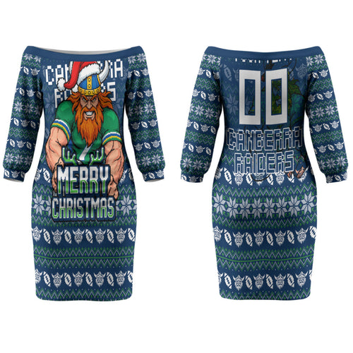 Personalized Canberra Raiders Christmas Couples Matching Off The Shoulder Long Sleeve Dress and Long Sleeve Button Shirt Australian Rugby Fans - Pixelated Ugly Xmas Pattern Mascot Santa
