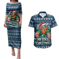 Personalized Canberra Raiders Christmas Couples Matching Puletasi and Hawaiian Shirt Australian Rugby Fans - Pixelated Ugly Xmas Pattern Mascot Santa