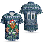 Personalized Canberra Raiders Christmas Couples Matching Puletasi and Hawaiian Shirt Australian Rugby Fans - Pixelated Ugly Xmas Pattern Mascot Santa