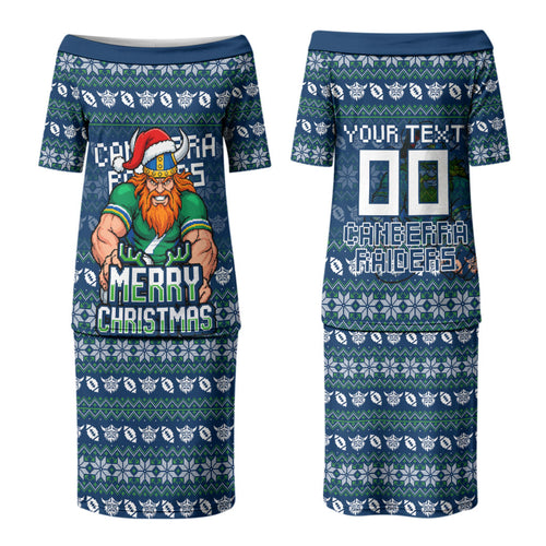 Personalized Canberra Raiders Christmas Couples Matching Puletasi and Hawaiian Shirt Australian Rugby Fans - Pixelated Ugly Xmas Pattern Mascot Santa