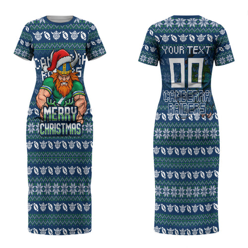 Personalized Canberra Raiders Christmas Couples Matching Short Sleeve Bodycon Dress and Long Sleeve Button Shirt Australian Rugby Fans - Pixelated Ugly Xmas Pattern Mascot Santa