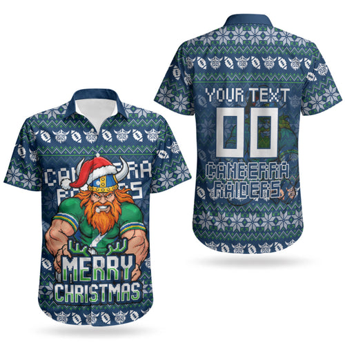 Personalized Canberra Raiders Christmas Couples Matching Summer Maxi Dress and Hawaiian Shirt Australian Rugby Fans - Pixelated Ugly Xmas Pattern Mascot Santa