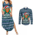 Personalized Canberra Raiders Christmas Couples Matching Summer Maxi Dress and Long Sleeve Button Shirt Australian Rugby Fans - Pixelated Ugly Xmas Pattern Mascot Santa