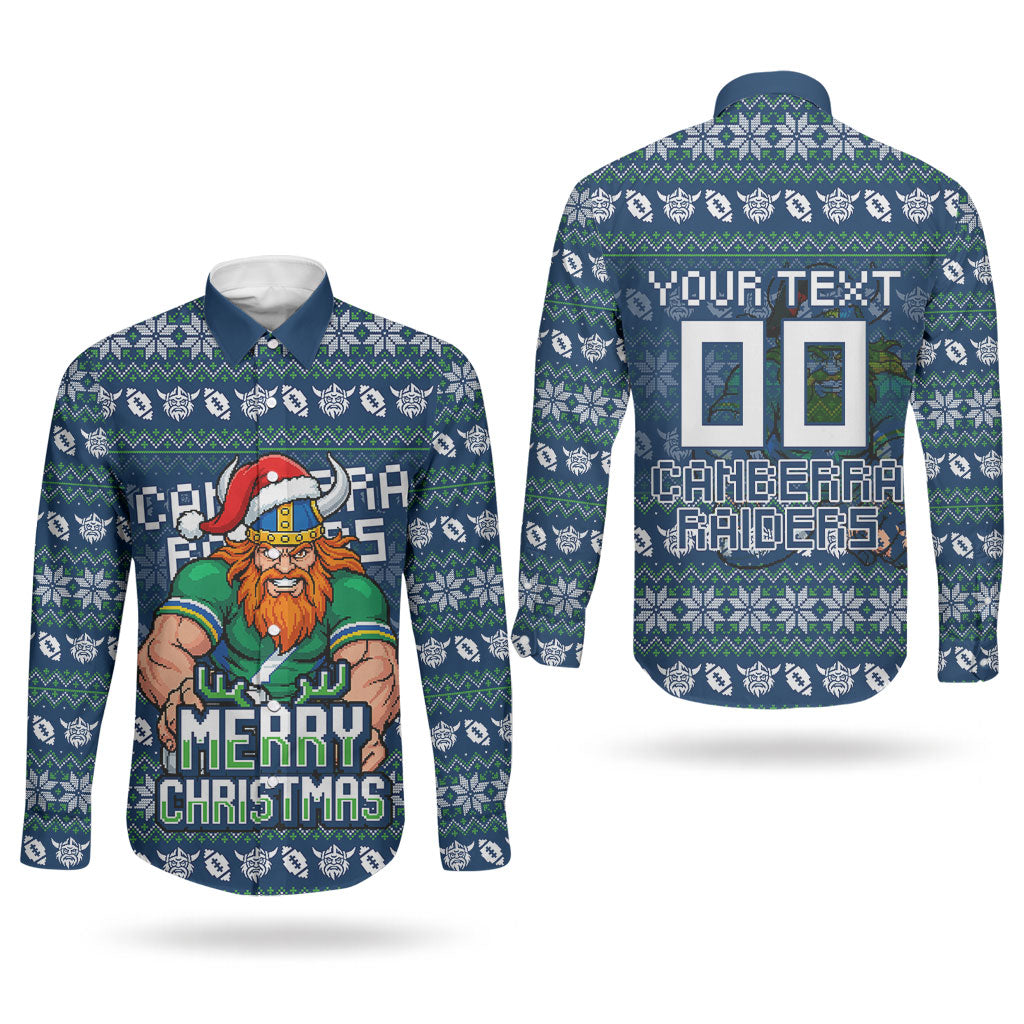 Personalized Canberra Raiders Christmas Couples Matching Summer Maxi Dress and Long Sleeve Button Shirt Australian Rugby Fans - Pixelated Ugly Xmas Pattern Mascot Santa