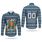 Personalized Canberra Raiders Christmas Couples Matching Summer Maxi Dress and Long Sleeve Button Shirt Australian Rugby Fans - Pixelated Ugly Xmas Pattern Mascot Santa