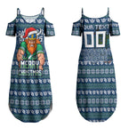 Personalized Canberra Raiders Christmas Couples Matching Summer Maxi Dress and Long Sleeve Button Shirt Australian Rugby Fans - Pixelated Ugly Xmas Pattern Mascot Santa