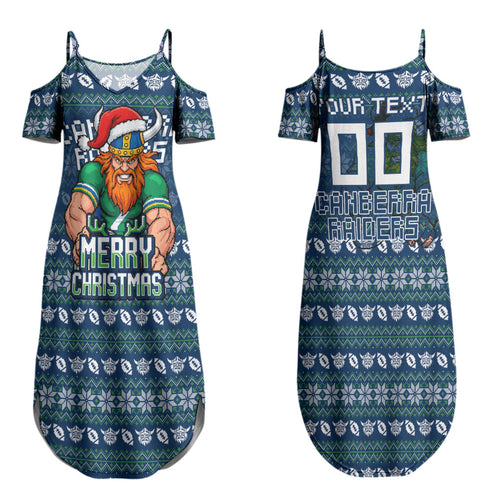 Personalized Canberra Raiders Christmas Couples Matching Summer Maxi Dress and Long Sleeve Button Shirt Australian Rugby Fans - Pixelated Ugly Xmas Pattern Mascot Santa
