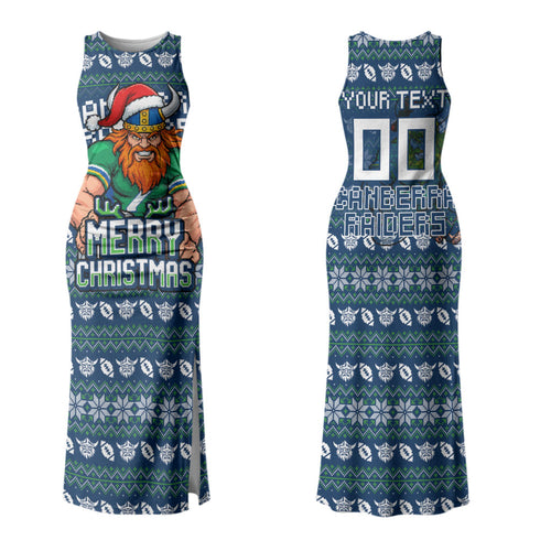 Personalized Canberra Raiders Christmas Couples Matching Tank Maxi Dress and Long Sleeve Button Shirt Australian Rugby Fans - Pixelated Ugly Xmas Pattern Mascot Santa