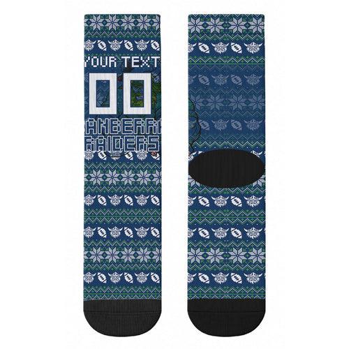 Personalized Canberra Raiders Christmas Crew Socks Australian Rugby Fans - Pixelated Ugly Xmas Pattern Mascot Santa