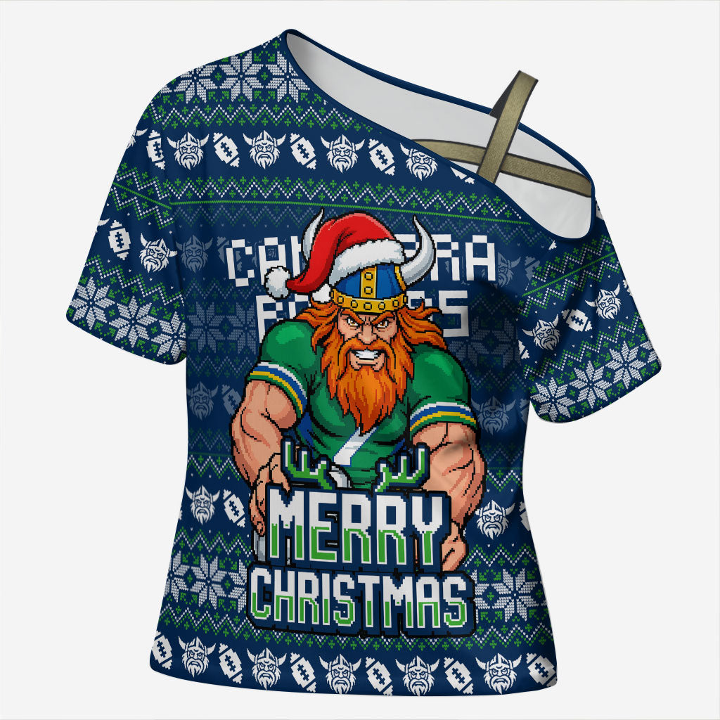 Personalized Canberra Raiders Christmas Cross Shoulder Shirt Australian Rugby Fans - Pixelated Ugly Xmas Pattern Mascot Santa