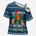 Personalized Canberra Raiders Christmas Cross Shoulder Shirt Australian Rugby Fans - Pixelated Ugly Xmas Pattern Mascot Santa